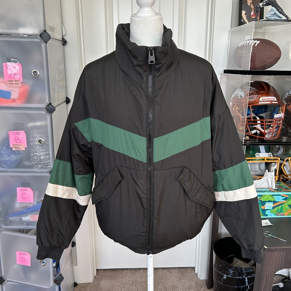 Urban Outfitters Black Green White Striped Puffer Jacket Size XS - Picture 4 of 13